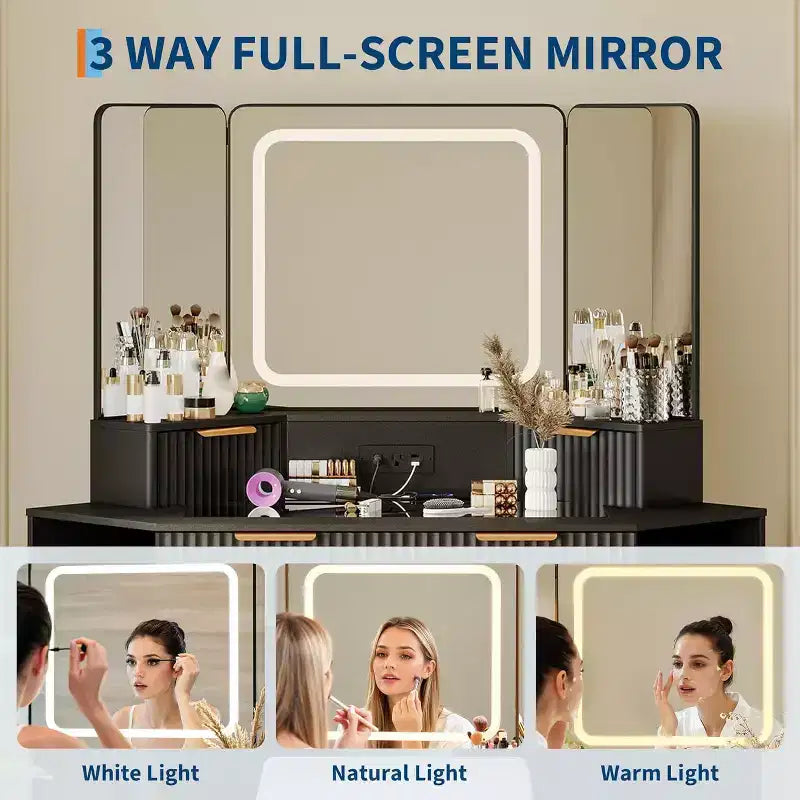 Coiffeuse d'Angle, Coiffeuse Moderne avec Triple Miroir HD, Coiffeuse d'Angle avec Plateau en Verre Transparent, Coiffeuse Cannelée