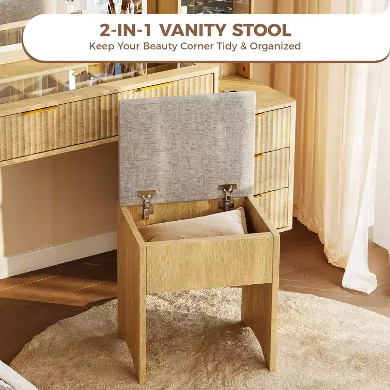 Coiffeuse de maquillage cannelée de 48 pouces avec grand miroir et lumières, coiffeuse de maquillage moderne avec station de charge et tabouret de rangement rembourré pour la maison