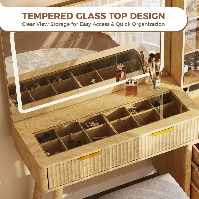Coiffeuse de maquillage cannelée de 48 pouces avec grand miroir et lumières, coiffeuse de maquillage moderne avec station de charge et tabouret de rangement rembourré pour la maison