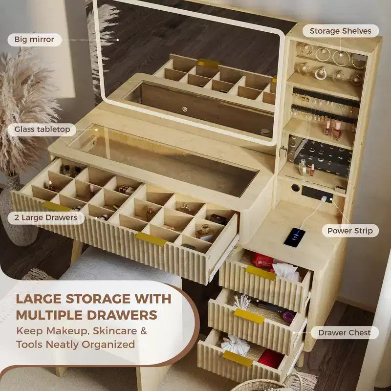 Coiffeuse de maquillage cannelée de 48 pouces avec grand miroir et lumières, coiffeuse de maquillage moderne avec station de charge et tabouret de rangement rembourré pour la maison