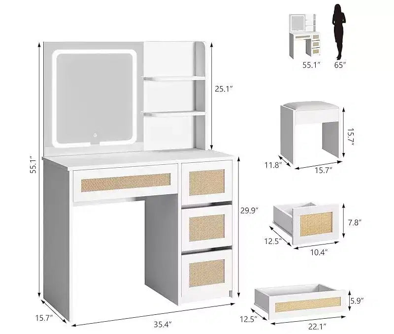 Coiffeuse, coiffeuse de maquillage avec miroir et éclairage LED réglable, espace de rangement avec 4 tiroirs et 2 niveaux d'étagères ouvertes pour chambre à coucher, blanc