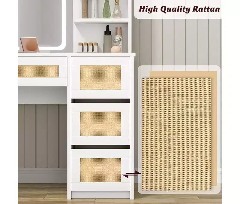 Coiffeuse, coiffeuse de maquillage avec miroir et éclairage LED réglable, espace de rangement avec 4 tiroirs et 2 niveaux d'étagères ouvertes pour chambre à coucher, blanc