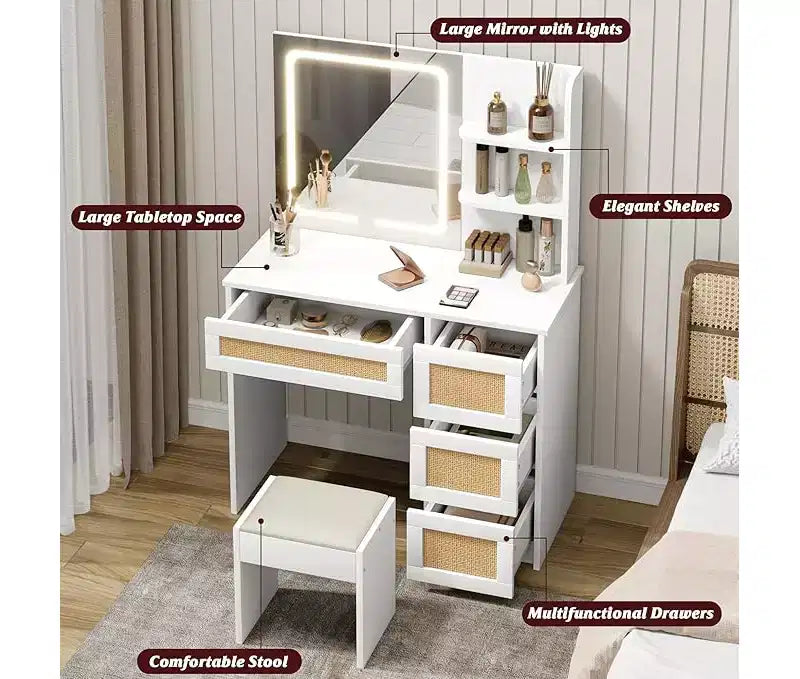 Coiffeuse, coiffeuse de maquillage avec miroir et éclairage LED réglable, espace de rangement avec 4 tiroirs et 2 niveaux d'étagères ouvertes pour chambre à coucher, blanc