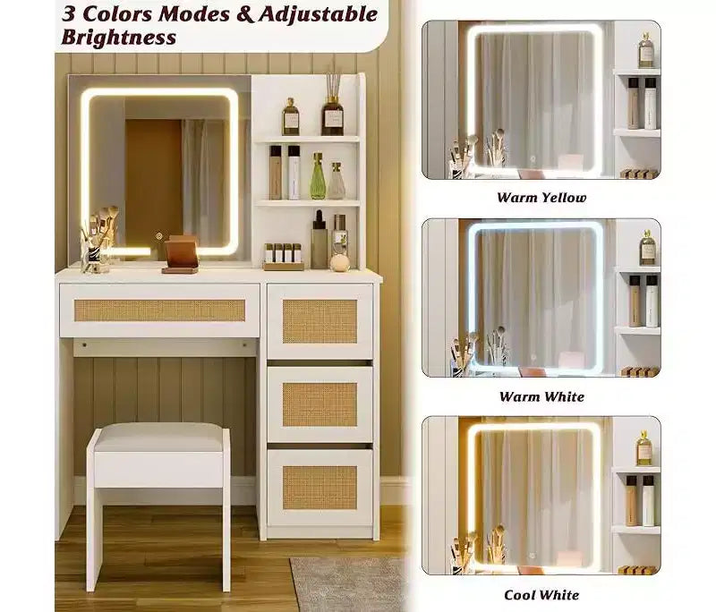 Coiffeuse, coiffeuse de maquillage avec miroir et éclairage LED réglable, espace de rangement avec 4 tiroirs et 2 niveaux d'étagères ouvertes pour chambre à coucher, blanc