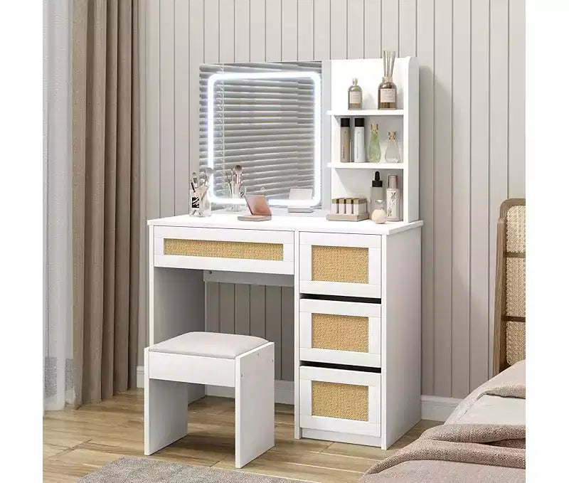 Coiffeuse, coiffeuse de maquillage avec miroir et éclairage LED réglable, espace de rangement avec 4 tiroirs et 2 niveaux d'étagères ouvertes pour chambre à coucher, blanc
