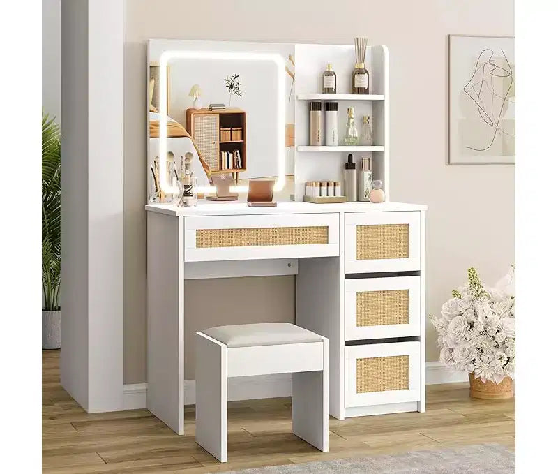 Coiffeuse, coiffeuse de maquillage avec miroir et éclairage LED réglable, espace de rangement avec 4 tiroirs et 2 niveaux d'étagères ouvertes pour chambre à coucher, blanc