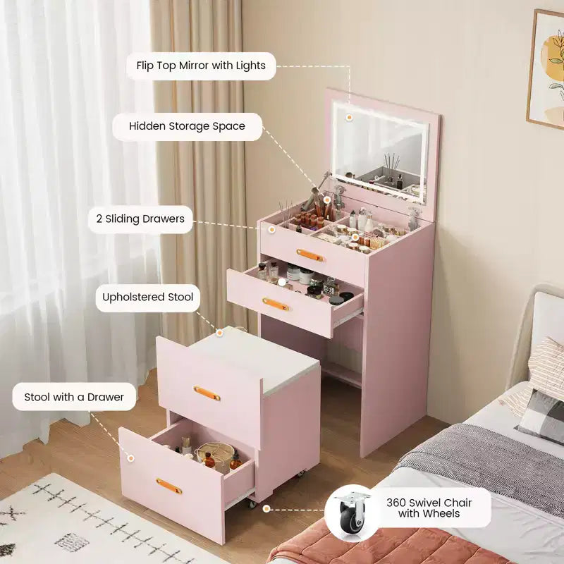Coiffeuse avec tabouret, table de maquillage multifonctionnelle avec tiroirs, coiffeuse compacte pour chambre et dressing