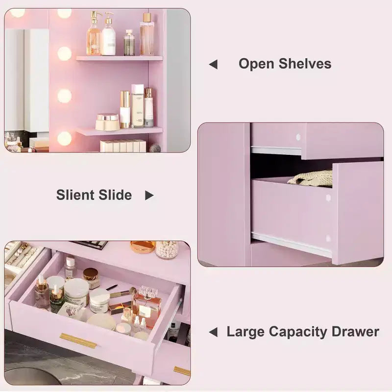 Coiffeuse moderne avec miroir - 8 grands tiroirs de rangement, étagères à 2 niveaux, organisateur de maquillage pour chambre à coucher, élégante table de chevet pour la décoration intérieure
