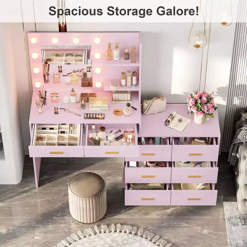 Coiffeuse moderne avec miroir - 8 grands tiroirs de rangement, étagères à 2 niveaux, organisateur de maquillage pour chambre à coucher, élégante table de chevet pour la décoration intérieure