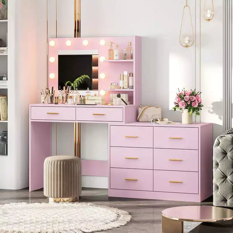 Coiffeuse moderne avec miroir - 8 grands tiroirs de rangement, étagères à 2 niveaux, organisateur de maquillage pour chambre à coucher, élégante table de chevet pour la décoration intérieure