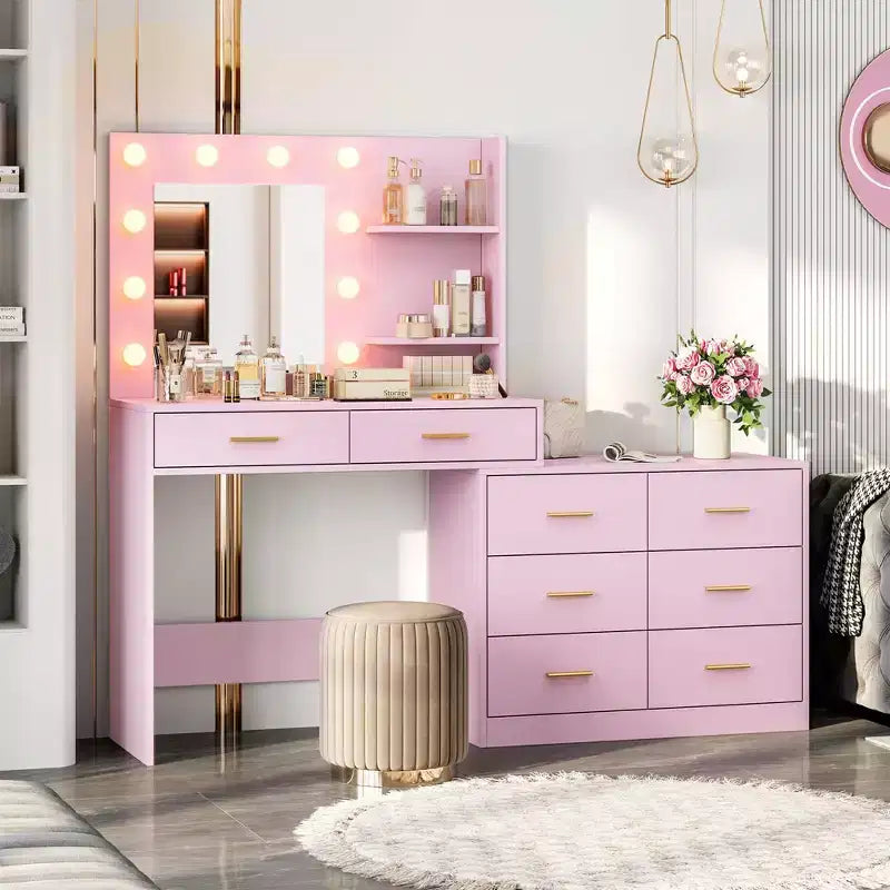 Coiffeuse moderne avec miroir - 8 grands tiroirs de rangement, étagères à 2 niveaux, organisateur de maquillage pour chambre à coucher, élégante table de chevet pour la décoration intérieure