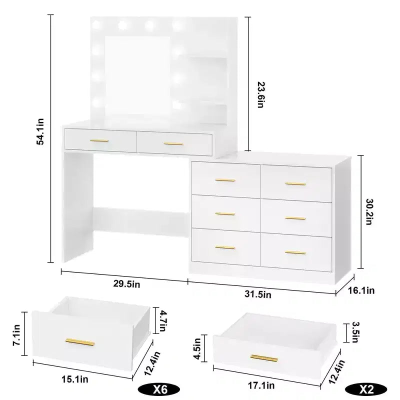 Coiffeuse moderne avec miroir - 8 grands tiroirs de rangement, étagères à 2 niveaux, organisateur de maquillage pour chambre à coucher, élégante table de chevet pour la décoration intérieure