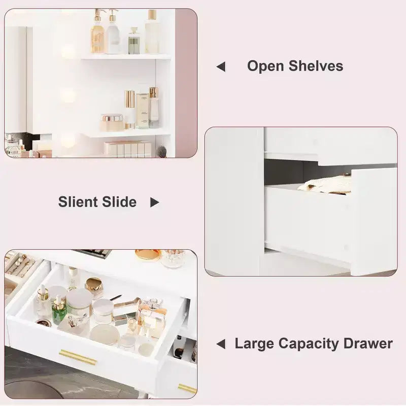 Coiffeuse moderne avec miroir - 8 grands tiroirs de rangement, étagères à 2 niveaux, organisateur de maquillage pour chambre à coucher, élégante table de chevet pour la décoration intérieure