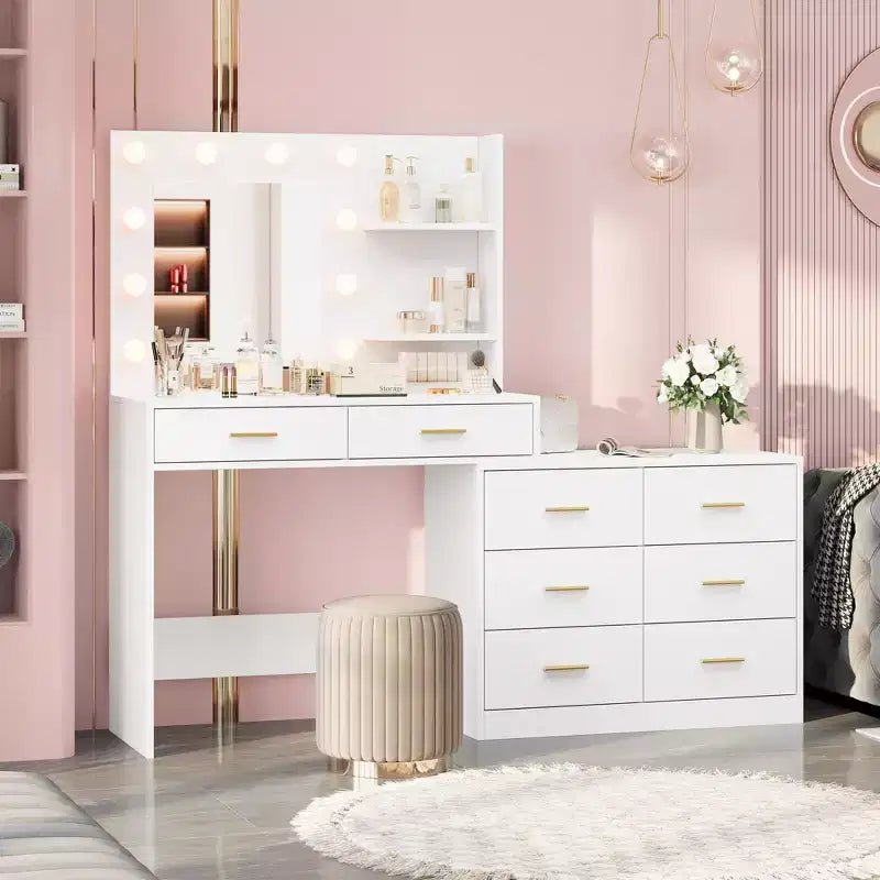 Coiffeuse moderne avec miroir - 8 grands tiroirs de rangement, étagères à 2 niveaux, organisateur de maquillage pour chambre à coucher, élégante table de chevet pour la décoration intérieure