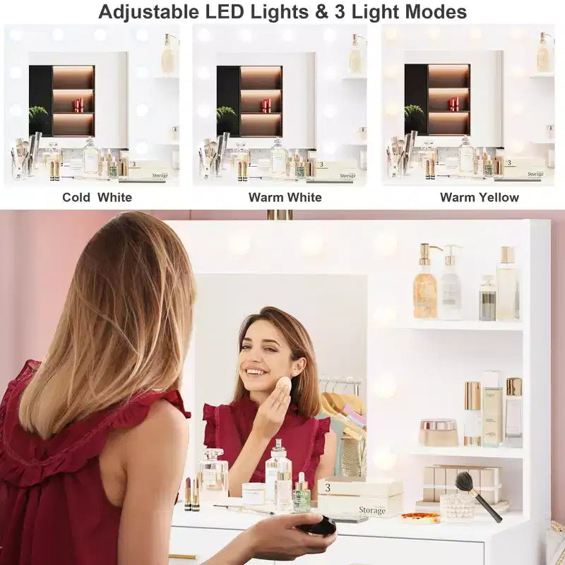 Coiffeuse moderne avec miroir - 8 grands tiroirs de rangement, étagères à 2 niveaux, organisateur de maquillage pour chambre à coucher, élégante table de chevet pour la décoration intérieure