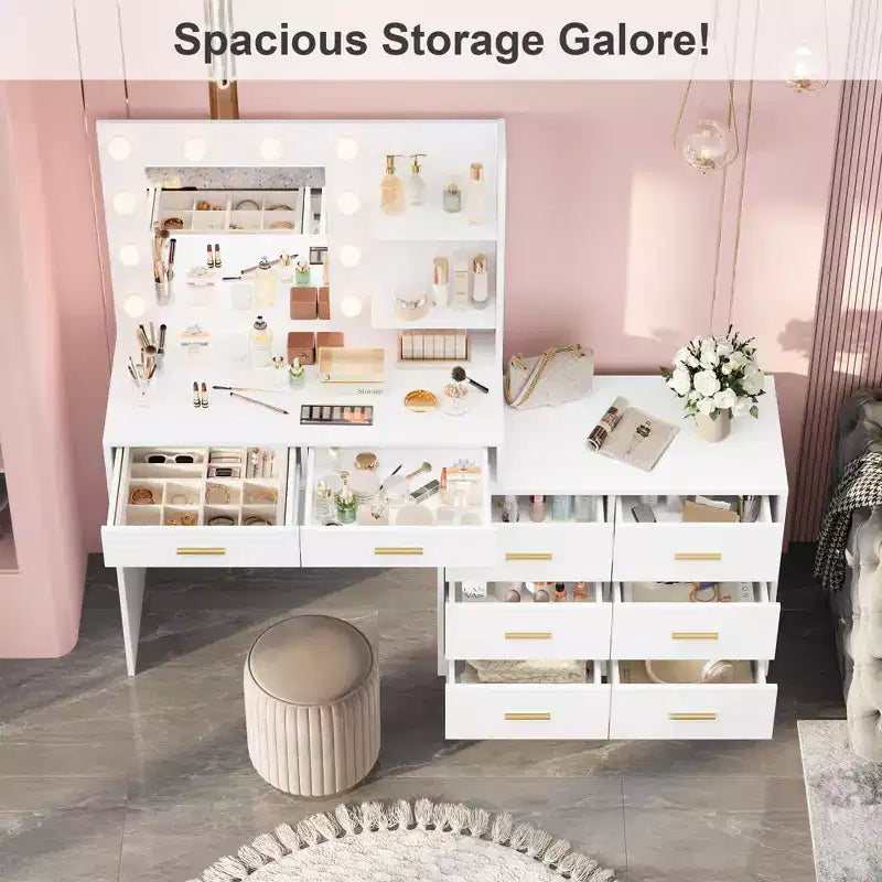 Coiffeuse moderne avec miroir - 8 grands tiroirs de rangement, étagères à 2 niveaux, organisateur de maquillage pour chambre à coucher, élégante table de chevet pour la décoration intérieure
