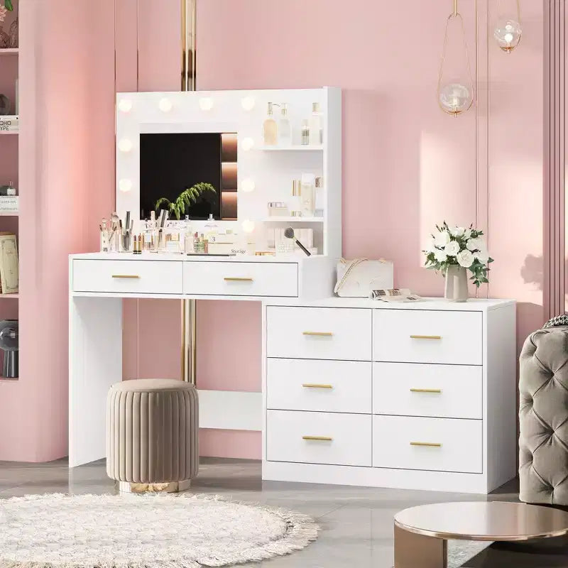 Coiffeuse moderne avec miroir - 8 grands tiroirs de rangement, étagères à 2 niveaux, organisateur de maquillage pour chambre à coucher, élégante table de chevet pour la décoration intérieure