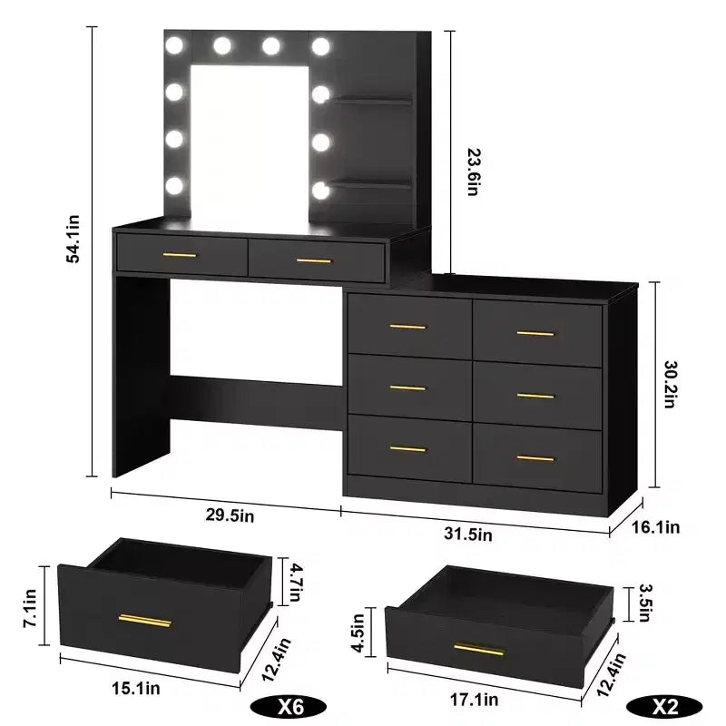 Coiffeuse moderne avec miroir - 8 grands tiroirs de rangement, étagères à 2 niveaux, organisateur de maquillage pour chambre à coucher, élégante table de chevet pour la décoration intérieure