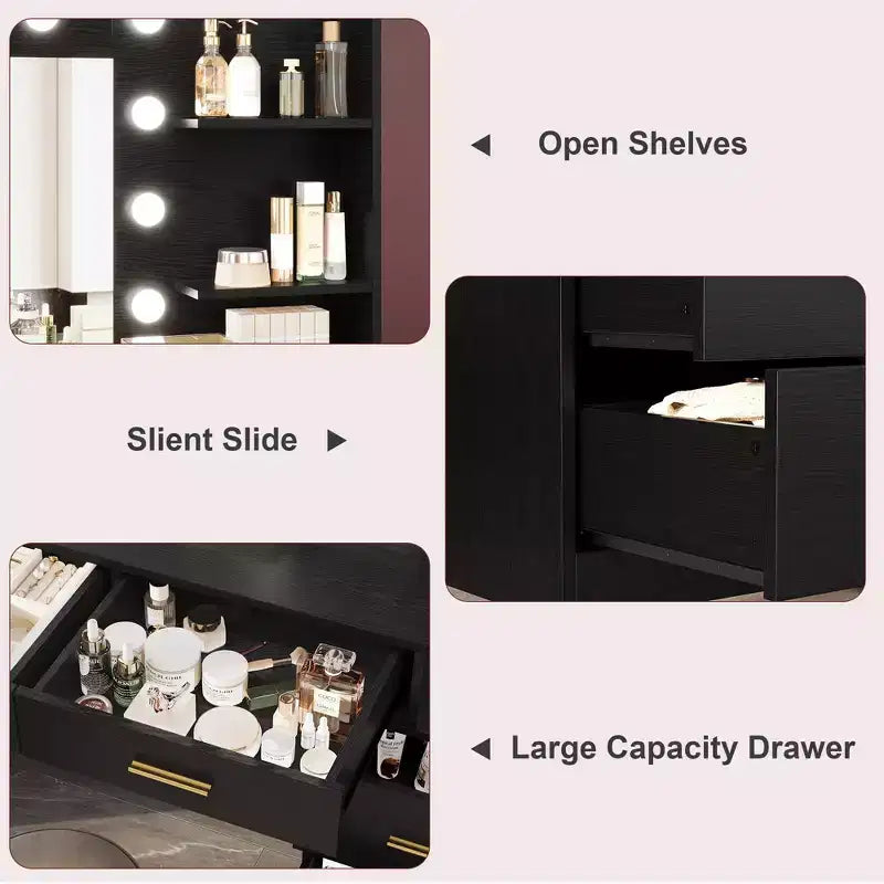 Coiffeuse moderne avec miroir - 8 grands tiroirs de rangement, étagères à 2 niveaux, organisateur de maquillage pour chambre à coucher, élégante table de chevet pour la décoration intérieure