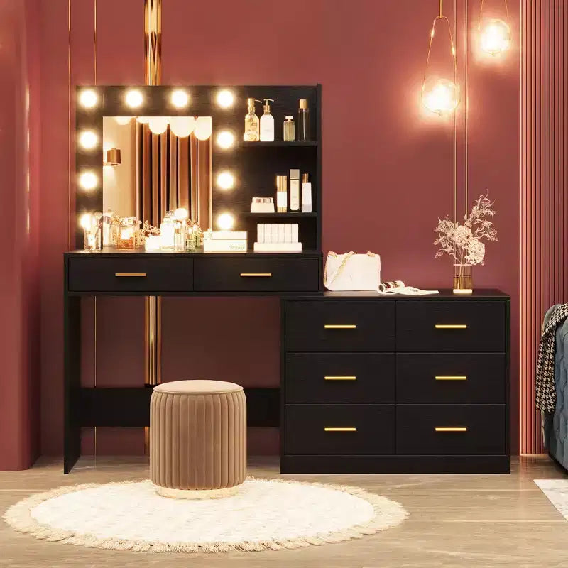 Coiffeuse moderne avec miroir - 8 grands tiroirs de rangement, étagères à 2 niveaux, organisateur de maquillage pour chambre à coucher, élégante table de chevet pour la décoration intérieure