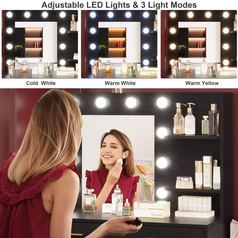 Coiffeuse moderne avec miroir - 8 grands tiroirs de rangement, étagères à 2 niveaux, organisateur de maquillage pour chambre à coucher, élégante table de chevet pour la décoration intérieure