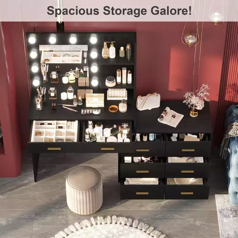 Coiffeuse moderne avec miroir - 8 grands tiroirs de rangement, étagères à 2 niveaux, organisateur de maquillage pour chambre à coucher, élégante table de chevet pour la décoration intérieure