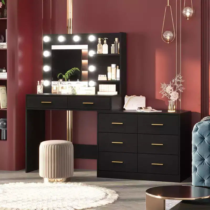 Coiffeuse moderne avec miroir - 8 grands tiroirs de rangement, étagères à 2 niveaux, organisateur de maquillage pour chambre à coucher, élégante table de chevet pour la décoration intérieure