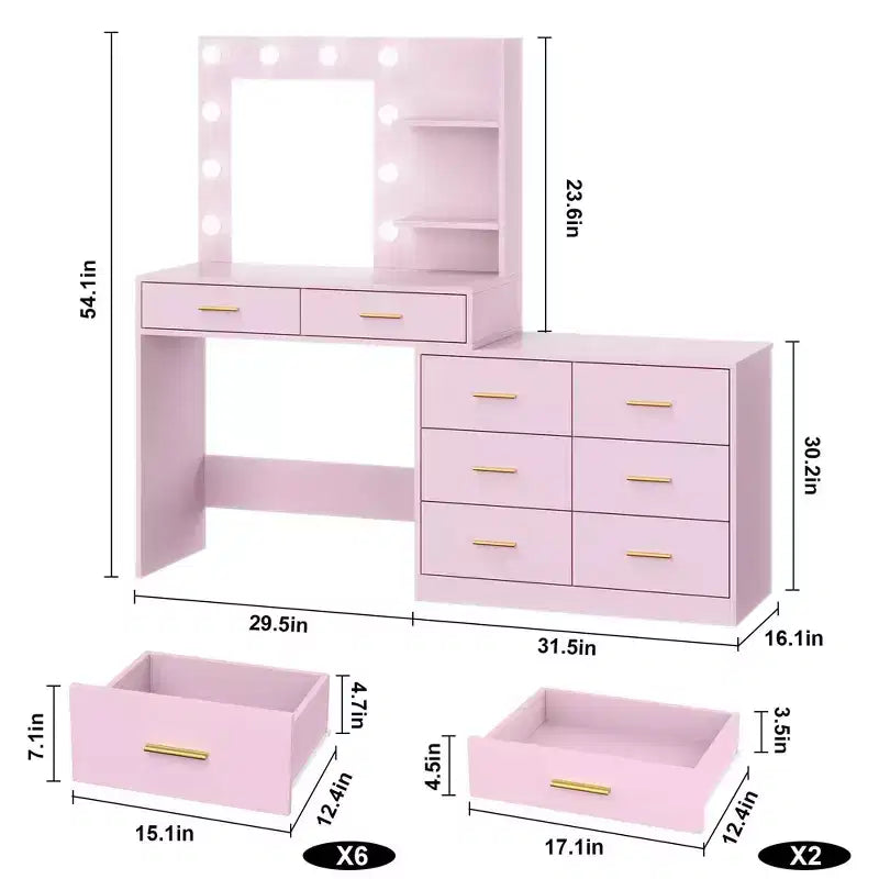 Coiffeuse moderne avec miroir - 8 grands tiroirs de rangement, étagères à 2 niveaux, organisateur de maquillage pour chambre à coucher, élégante table de chevet pour la décoration intérieure