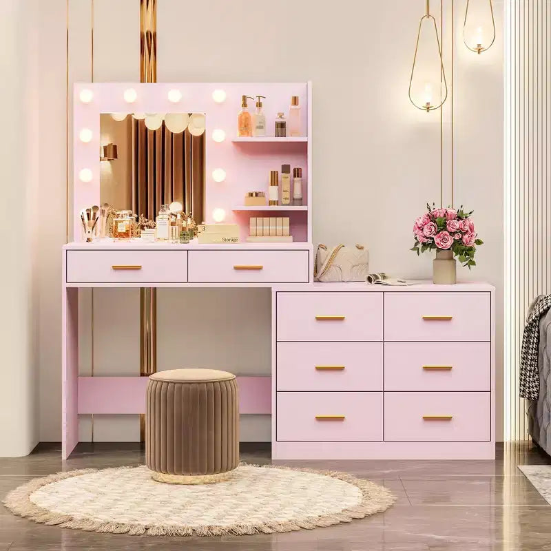Coiffeuse moderne avec miroir - 8 grands tiroirs de rangement, étagères à 2 niveaux, organisateur de maquillage pour chambre à coucher, élégante table de chevet pour la décoration intérieure
