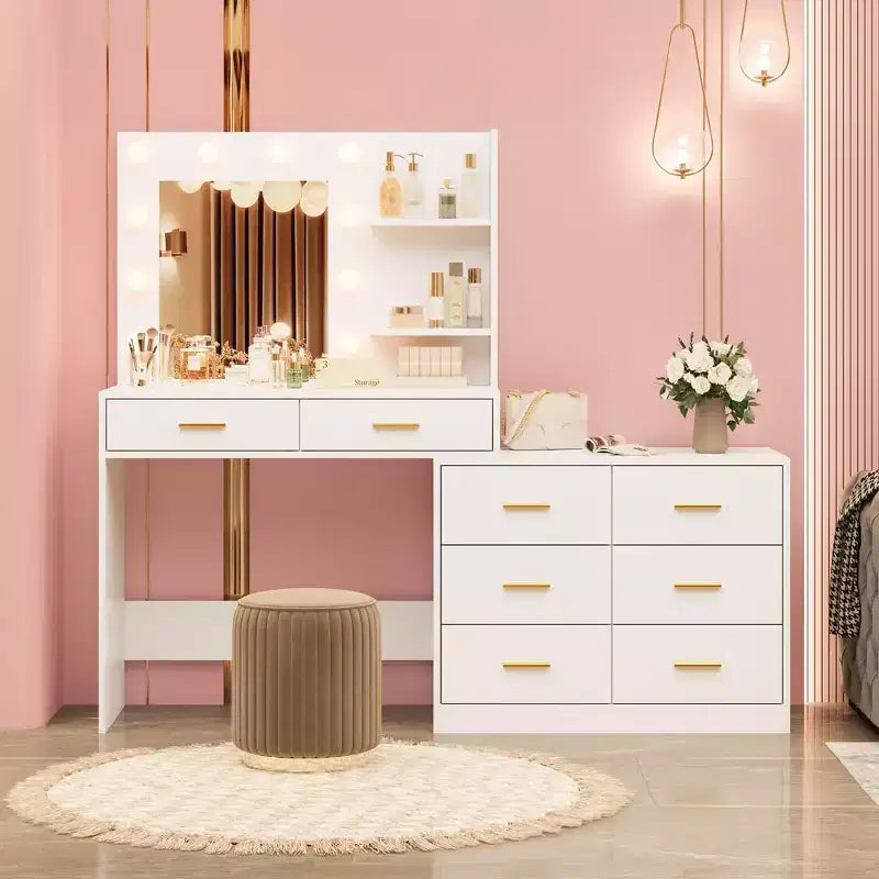 Coiffeuse moderne avec miroir - 8 grands tiroirs de rangement, étagères à 2 niveaux, organisateur de maquillage pour chambre à coucher, élégante table de chevet pour la décoration intérieure