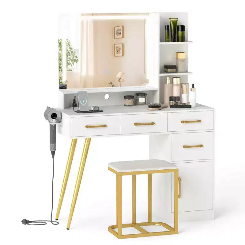 Coiffeuse moderne Costway avec station de charge, support pour sèche-cheveux et miroir LED 3 couleurs