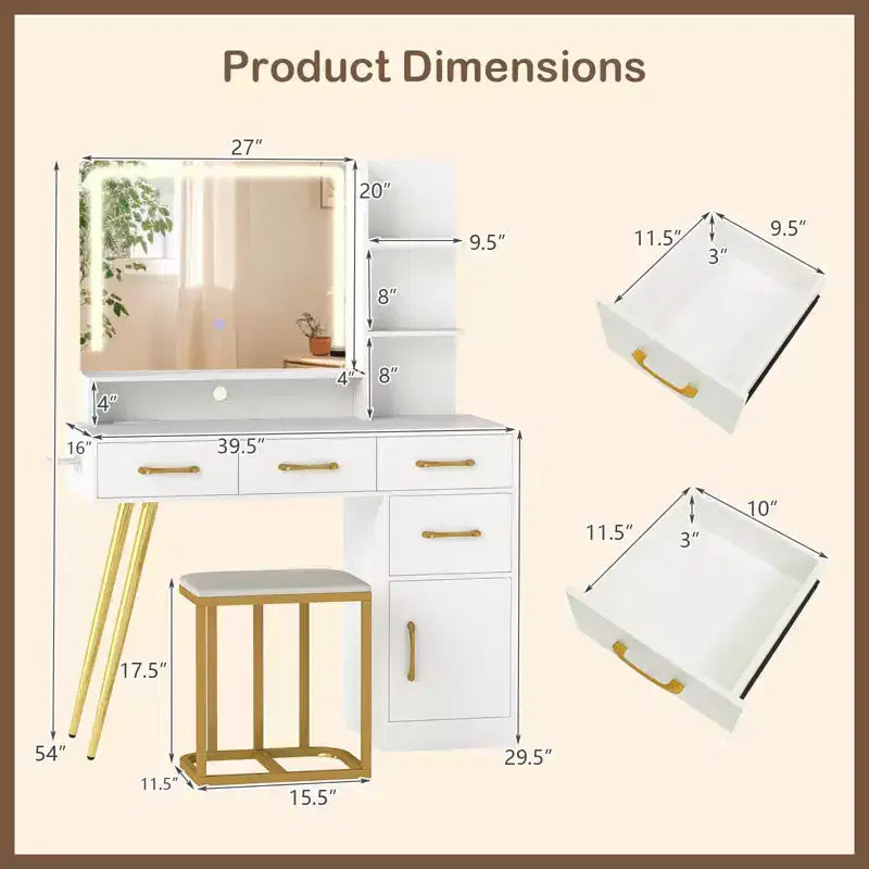 Coiffeuse moderne Costway avec station de charge, support pour sèche-cheveux et miroir LED 3 couleurs