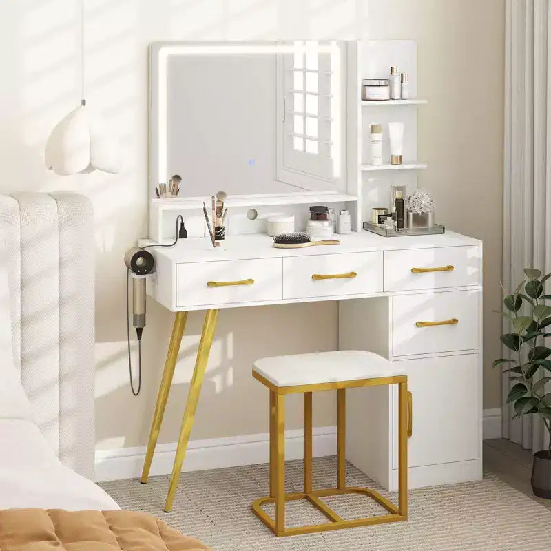 Coiffeuse moderne Costway avec station de charge, support pour sèche-cheveux et miroir LED 3 couleurs
