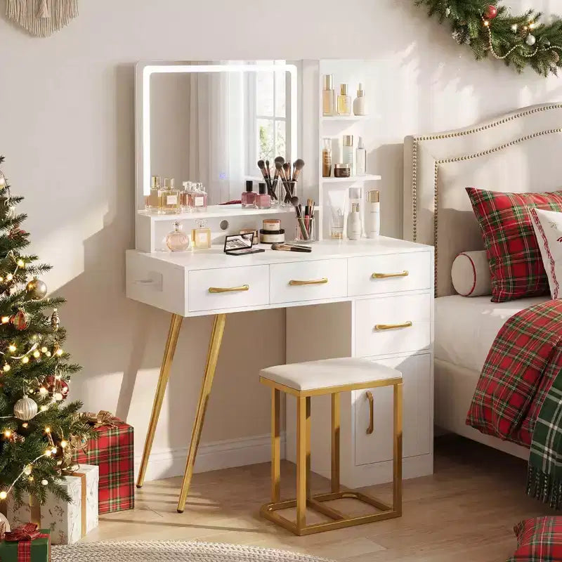 Coiffeuse moderne Costway avec station de charge, support pour sèche-cheveux et miroir LED 3 couleurs