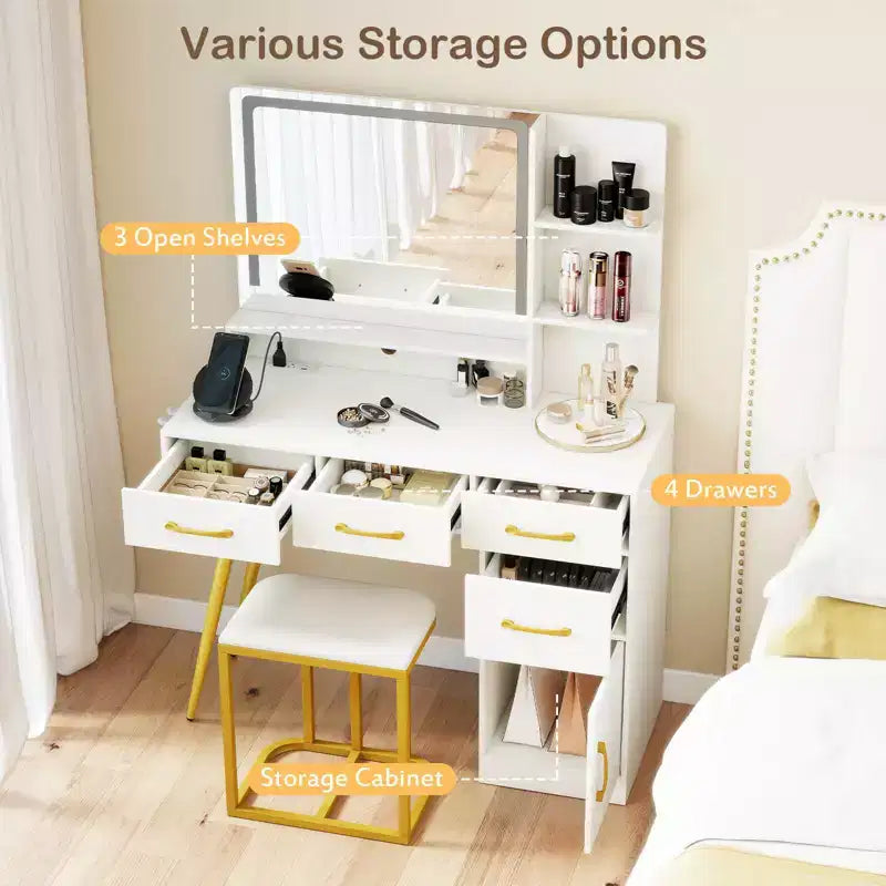 Coiffeuse moderne Costway avec station de charge, support pour sèche-cheveux et miroir LED 3 couleurs