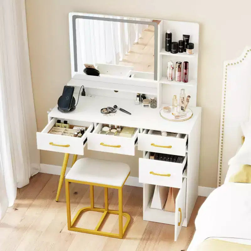 Coiffeuse moderne Costway avec station de charge, support pour sèche-cheveux et miroir LED 3 couleurs