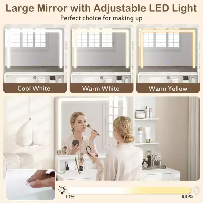Coiffeuse moderne Costway avec station de charge, support pour sèche-cheveux et miroir LED 3 couleurs