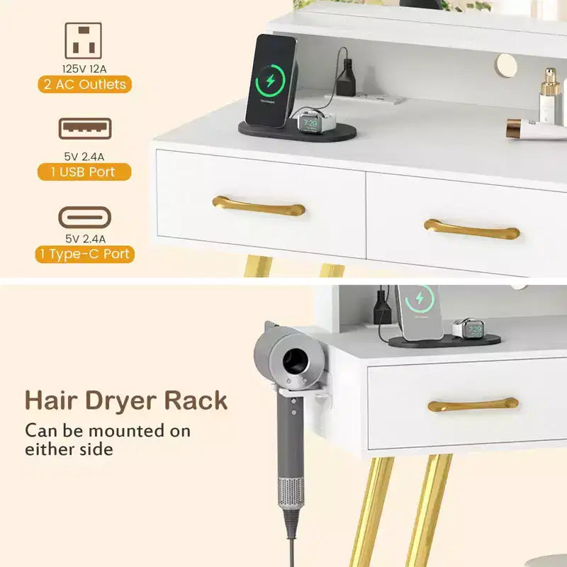 Coiffeuse moderne Costway avec station de charge, support pour sèche-cheveux et miroir LED 3 couleurs