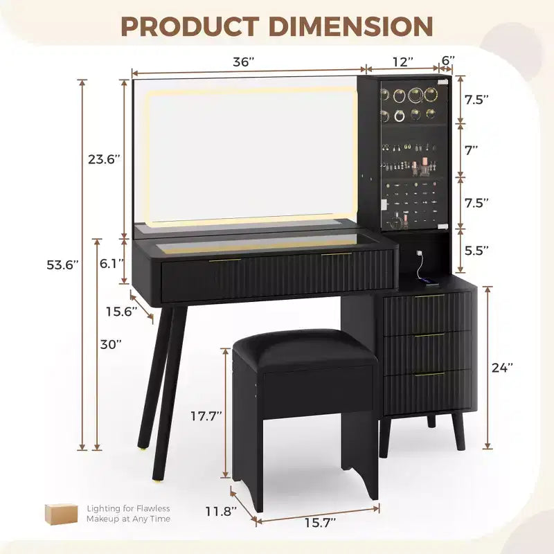 Coiffeuse avec miroir lumineux, coiffeuse avec station de recharge, coiffeuse à plateau en verre avec tabouret de rangement capitonné pour chambre à coucher