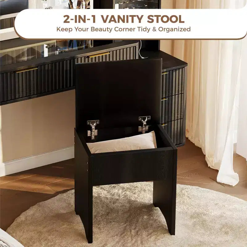 Coiffeuse avec miroir lumineux, coiffeuse avec station de recharge, coiffeuse à plateau en verre avec tabouret de rangement capitonné pour chambre à coucher