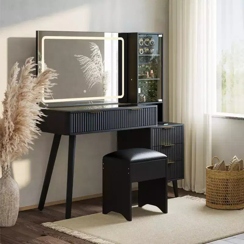 Vanity Desk with Lighted Mirror, Makeup Vanity with Charging Station, Glass Top Dressing Table with Cushioned Storage Stool for Bedroom