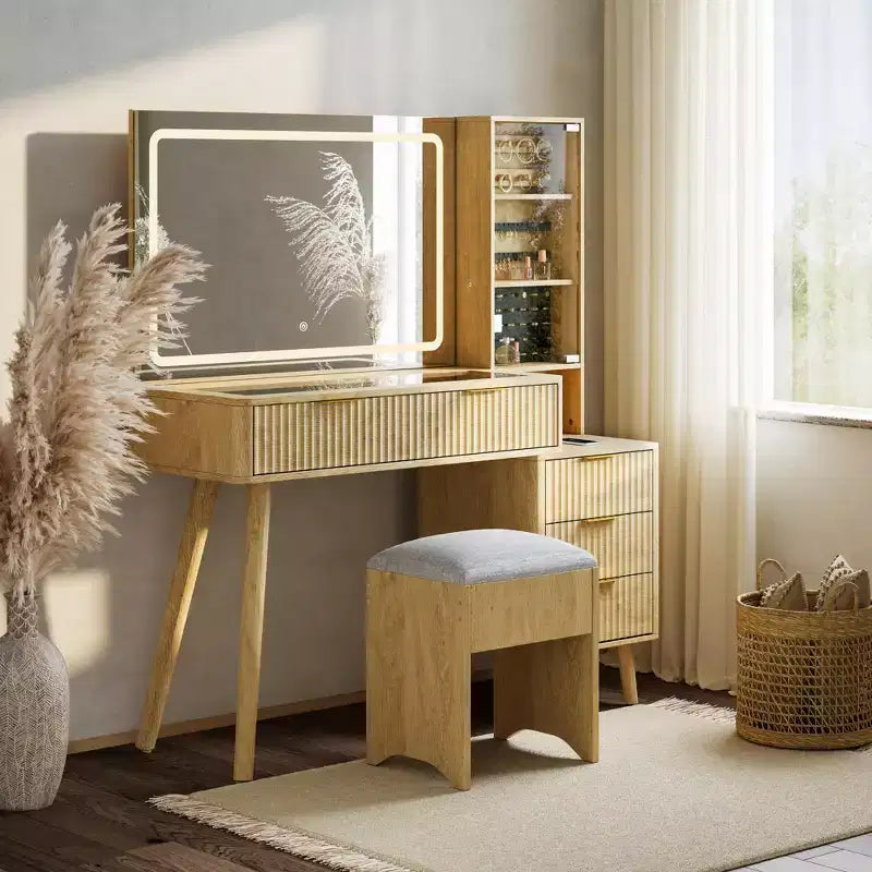 Coiffeuse avec miroir lumineux, coiffeuse avec station de recharge, coiffeuse à plateau en verre avec tabouret de rangement capitonné pour chambre à coucher