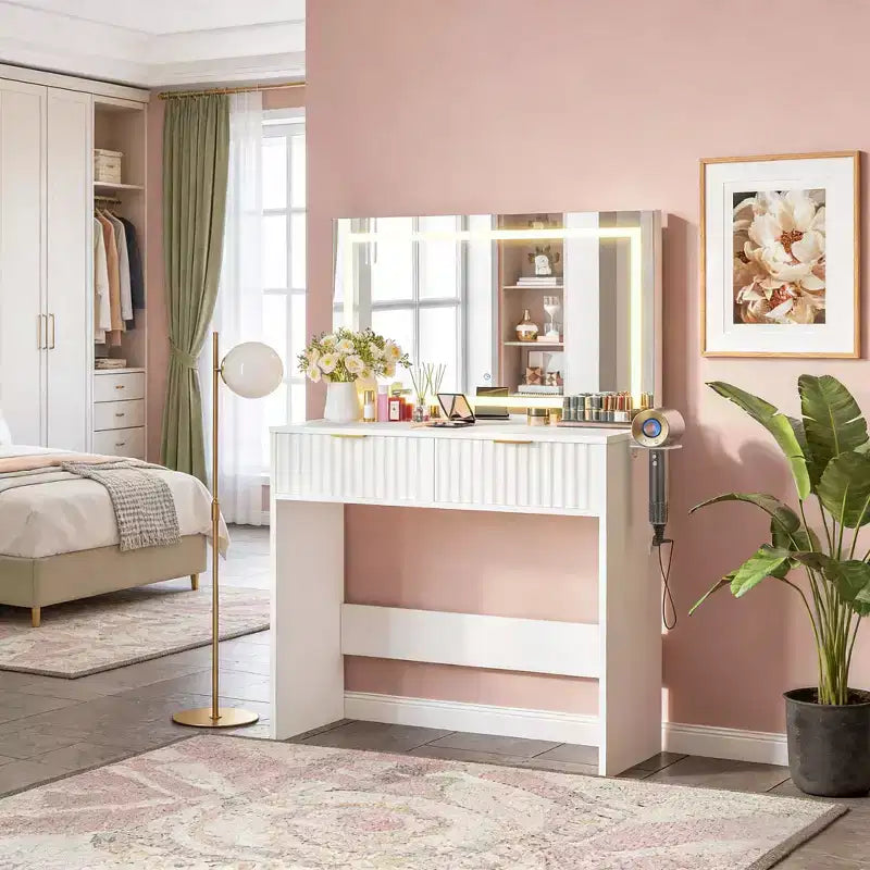 Coiffeuse cannelée avec grand miroir, 2 tiroirs, 3 modes d'éclairage, luminosité réglable et lumières intégrées pour chambre à coucher