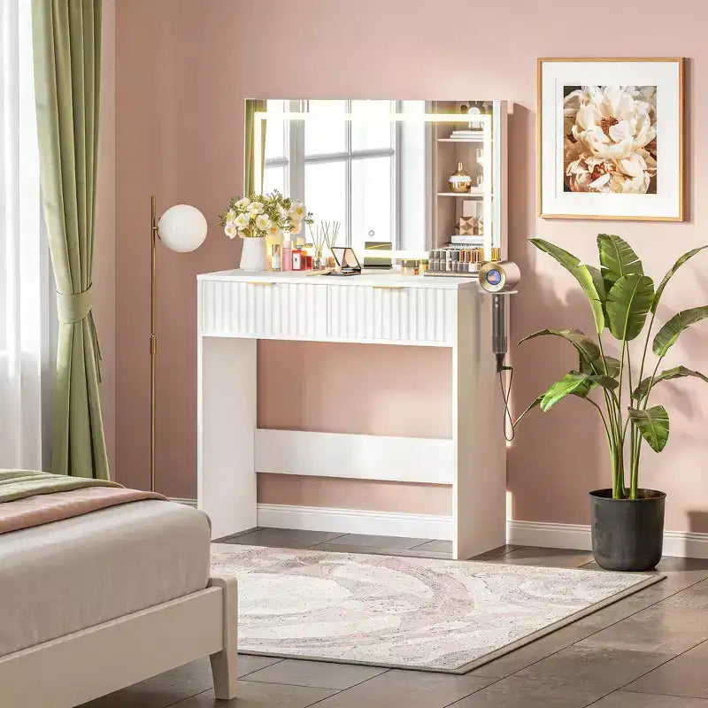 Coiffeuse cannelée avec grand miroir, 2 tiroirs, 3 modes d'éclairage, luminosité réglable et lumières intégrées pour chambre à coucher