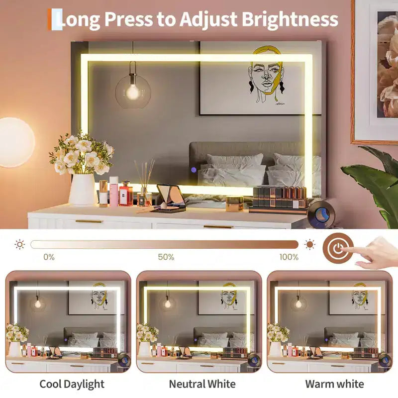 Coiffeuse cannelée avec grand miroir, 2 tiroirs, 3 modes d'éclairage, luminosité réglable et lumières intégrées pour chambre à coucher