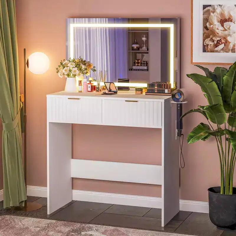 Coiffeuse cannelée avec grand miroir, 2 tiroirs, 3 modes d'éclairage, luminosité réglable et lumières intégrées pour chambre à coucher