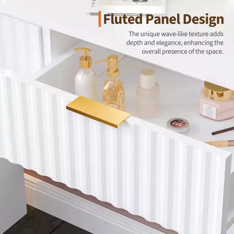 Coiffeuse cannelée avec grand miroir, 2 tiroirs, 3 modes d'éclairage, luminosité réglable et lumières intégrées pour chambre à coucher