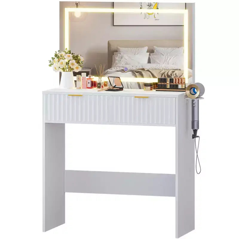 Coiffeuse cannelée avec grand miroir, 2 tiroirs, 3 modes d'éclairage, luminosité réglable et lumières intégrées pour chambre à coucher