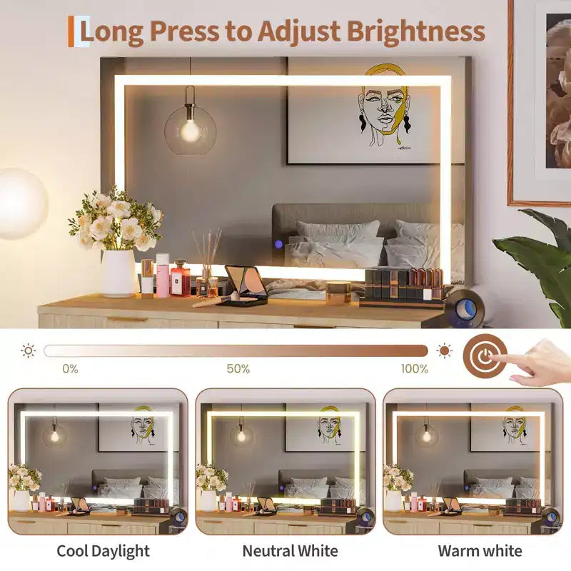 Coiffeuse cannelée avec grand miroir, 2 tiroirs, 3 modes d'éclairage, luminosité réglable et lumières intégrées pour chambre à coucher