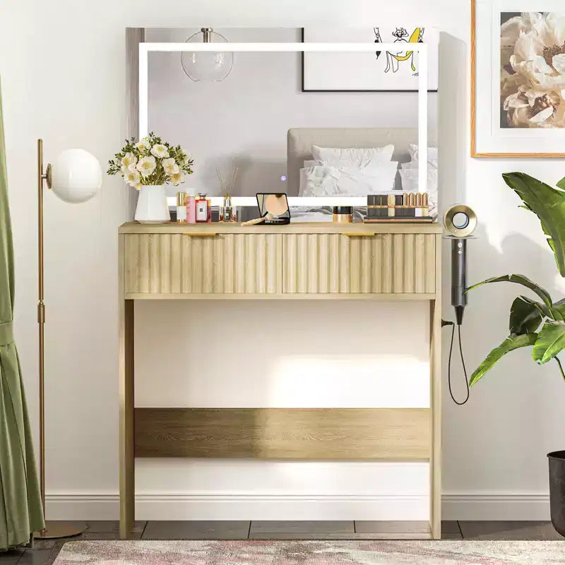 Coiffeuse cannelée avec grand miroir, 2 tiroirs, 3 modes d'éclairage, luminosité réglable et lumières intégrées pour chambre à coucher